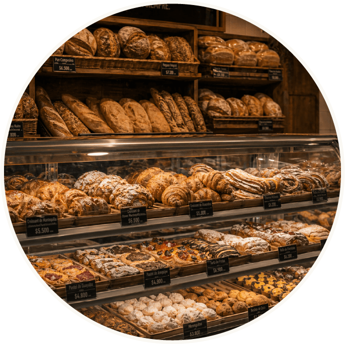 Interior de una panadería con productos y un horno.