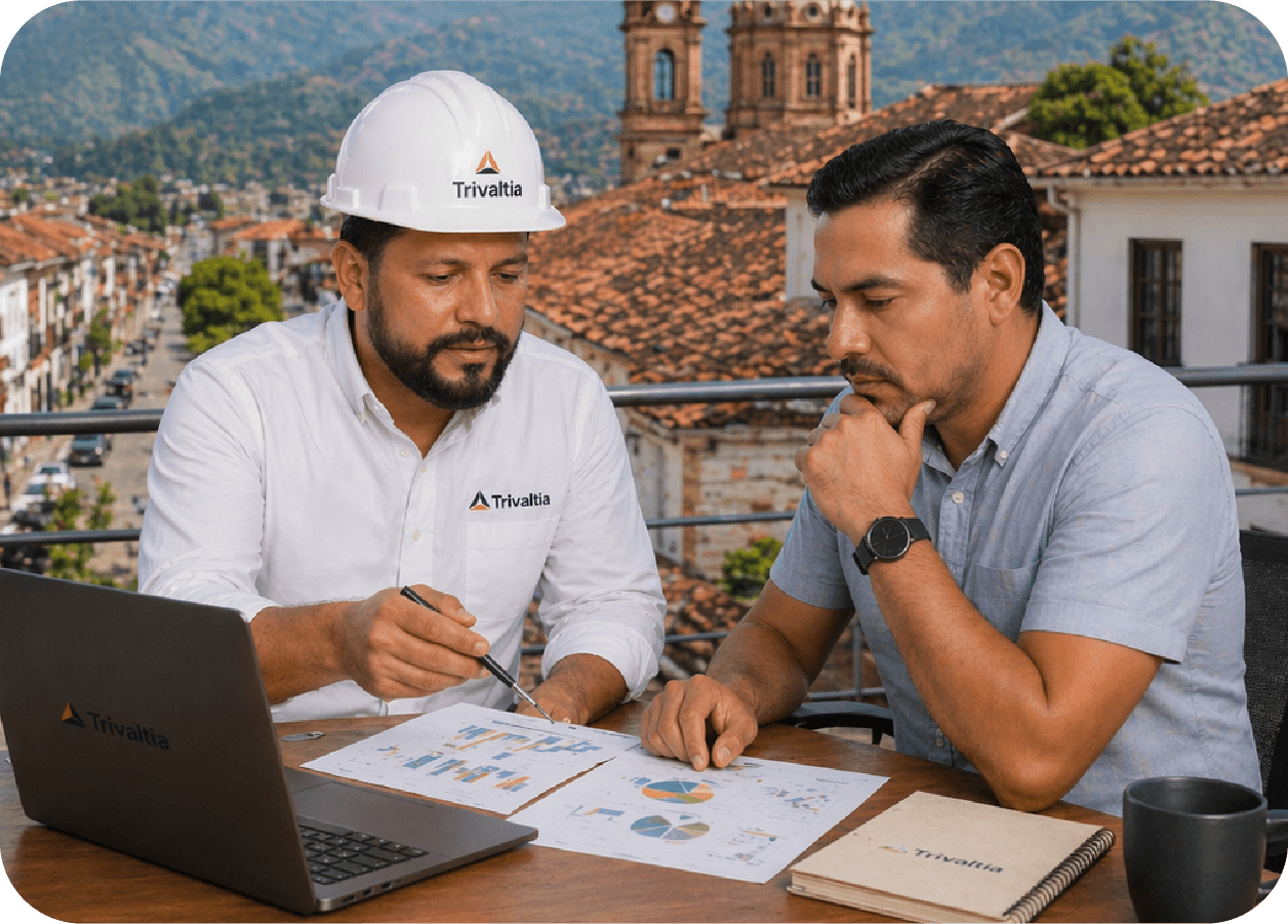 Dos profesionales revisando planos en un escritorio.